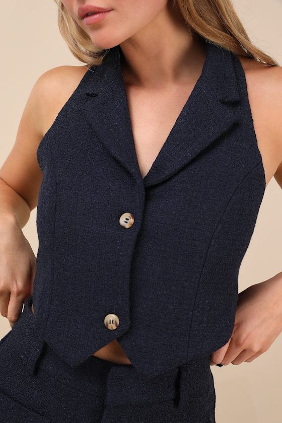 Lulus Looking Posh Navy Tweed Backless Cropped Halter Vest Top In Navy