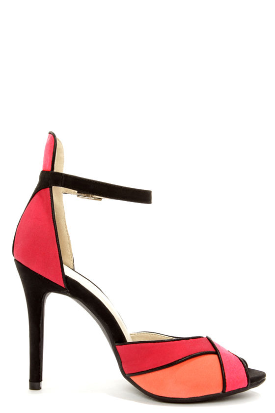 red peep toe block heels