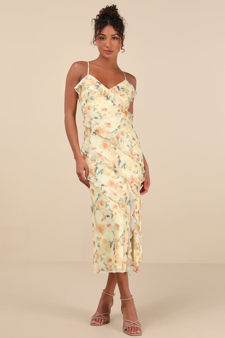 lulus yellow midi dress Olesya Light Yellow Floral Tie-Strap Midi Dress
