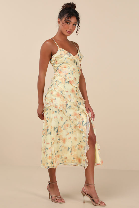 Yellow Floral Midi Dress - Ruffled Midi Dress - Sleeveless Dress - Image 2