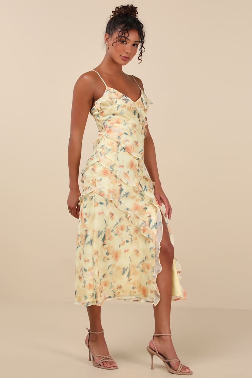 Yellow Floral Midi Dress - Ruffled Midi Dress - Sleeveless Dress - Lulus