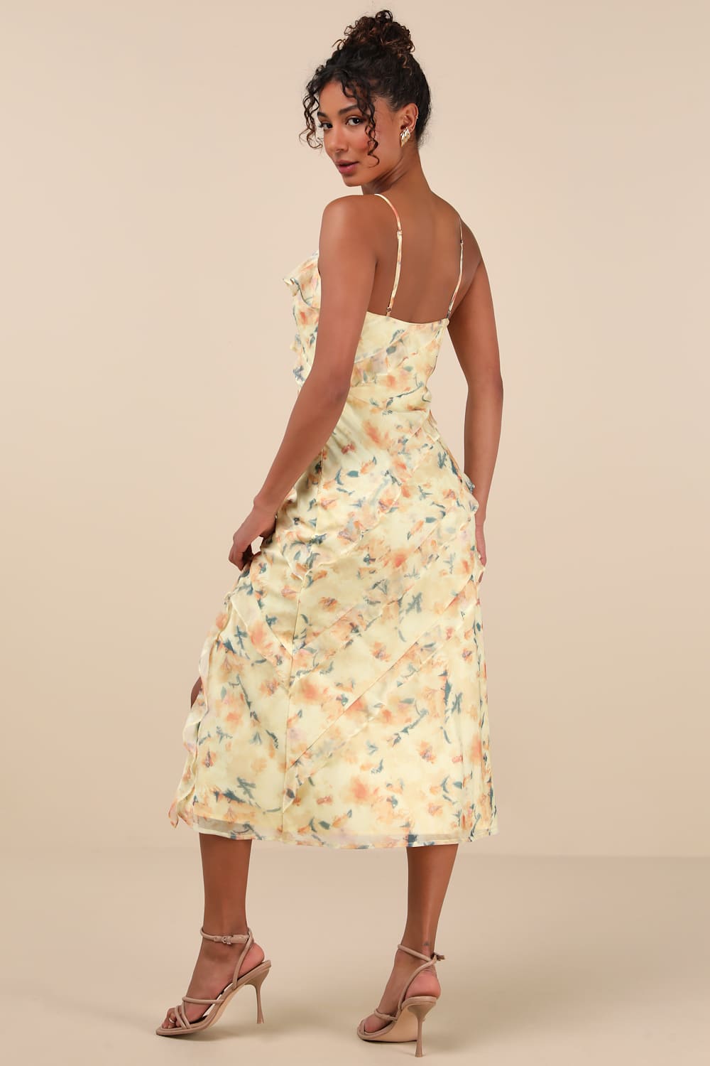 Dreamy Personality Yellow Floral Ruffled Sleeveless Midi Dress