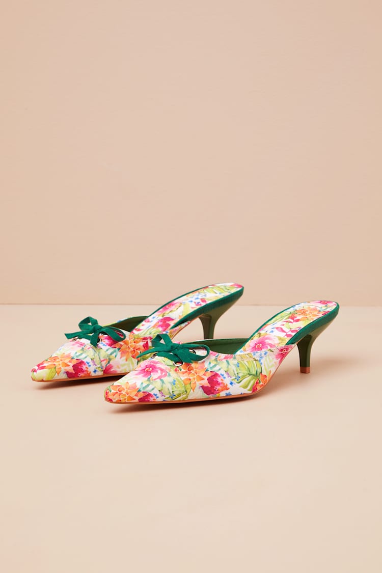 Rosalyne Floral Pointed-Toe Kitten Heel Mule Pumps