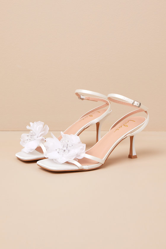 Aidine White Floral Applique Ankle Strap High Heel Sandals