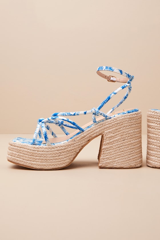 Lulus Thomasin Blue Tropical Print Platform High Heel Sandals In Blue