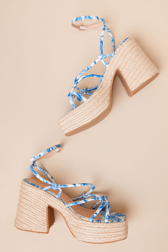 Lulus Thomasin Blue Tropical Print Platform High Heel Sandals In Blue