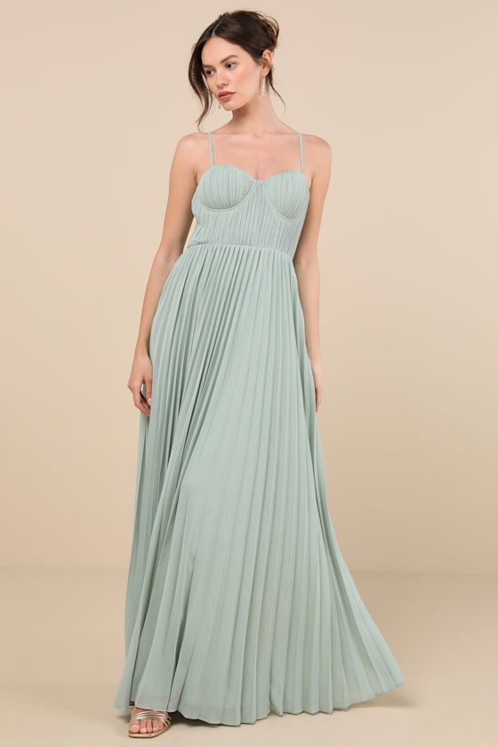 Lulus Admirable Elegance Sage Green Pleated Bustier Maxi Dress In Sage Green
