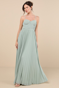 Admirable Elegance Sage Green Pleated Bustier Maxi Dress 1