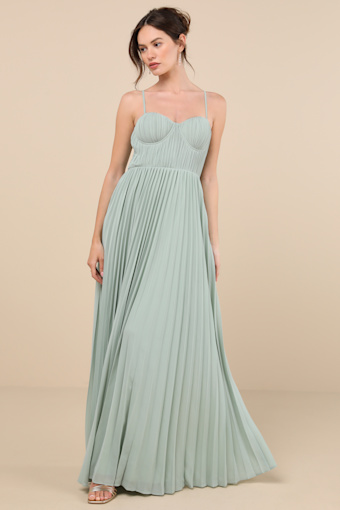 Admirable Elegance Sage Green Pleated Bustier Maxi Dress 1