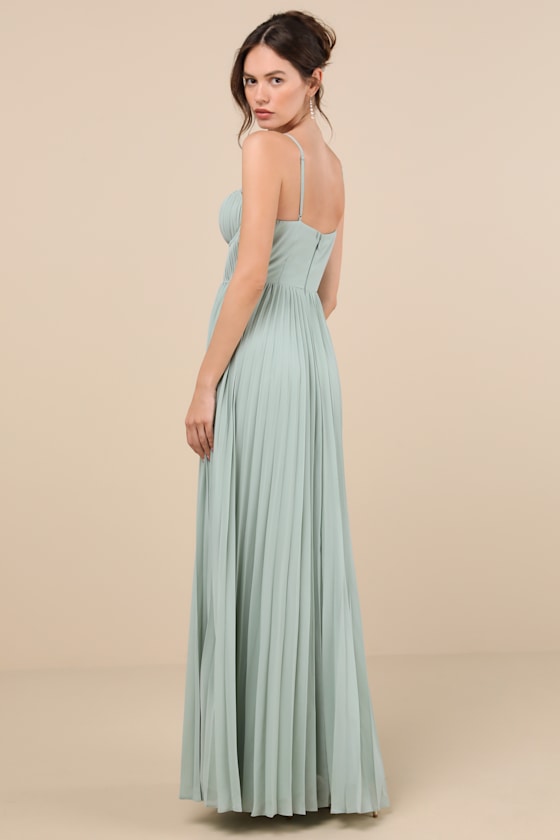 Admirable Elegance Sage Green Pleated Bustier Maxi Dress 2