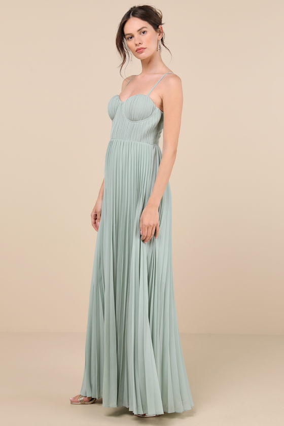 Lulus Admirable Elegance Sage Green Pleated Bustier Maxi Dress In Sage Green