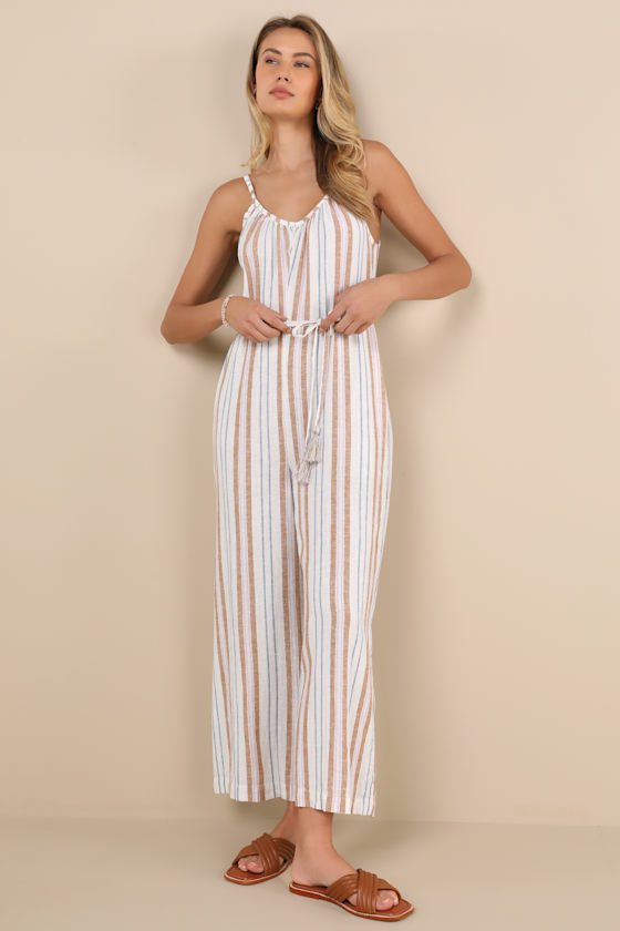 Roxy Gale Ivory Striped Linen Wide-leg Jumpsuit In Ivory