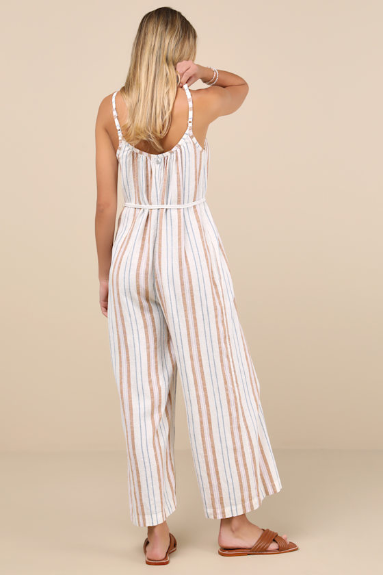 Roxy Gale Ivory Striped Linen Wide-leg Jumpsuit In Ivory