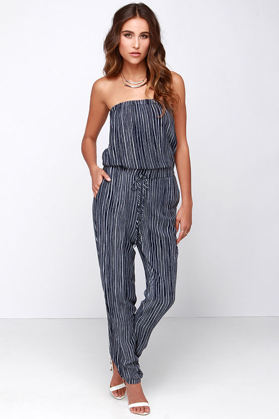 Cute Navy Blue Jumpsuit - Striped Jumpsuit - Halter Jumpsuit - $67.00 ...