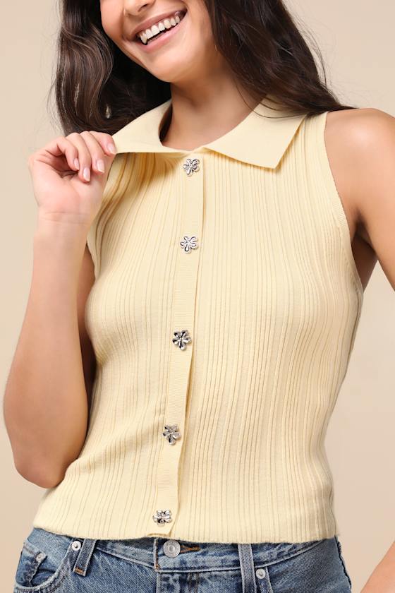 Lulus Jena Light Yellow Ribbed Knit Button-front Tank Top