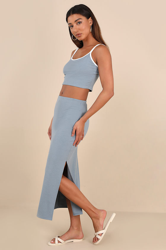 Shop Lulus Trendy Match Slate Blue Ribbed Two-piece Midi Dress