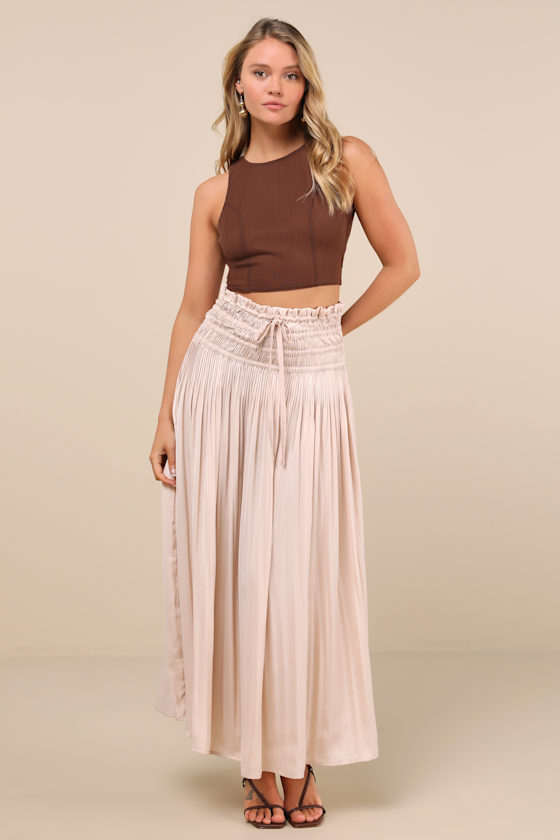 LULUS MAINA BEIGE PLISSE DRAWSTRING HIGH-RISE MAXI SKIRT 