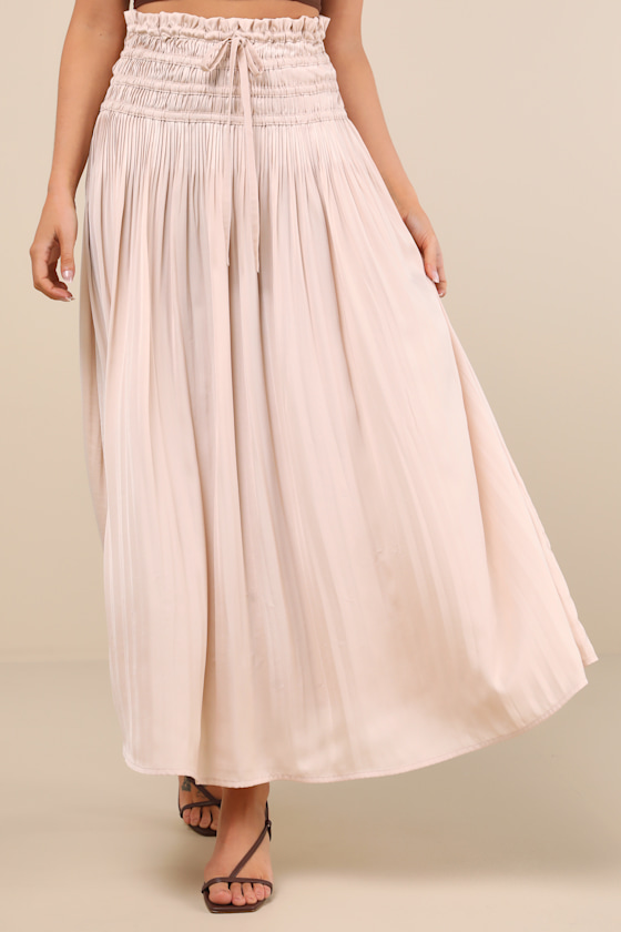 LULUS MAINA BEIGE PLISSE DRAWSTRING HIGH-RISE MAXI SKIRT 