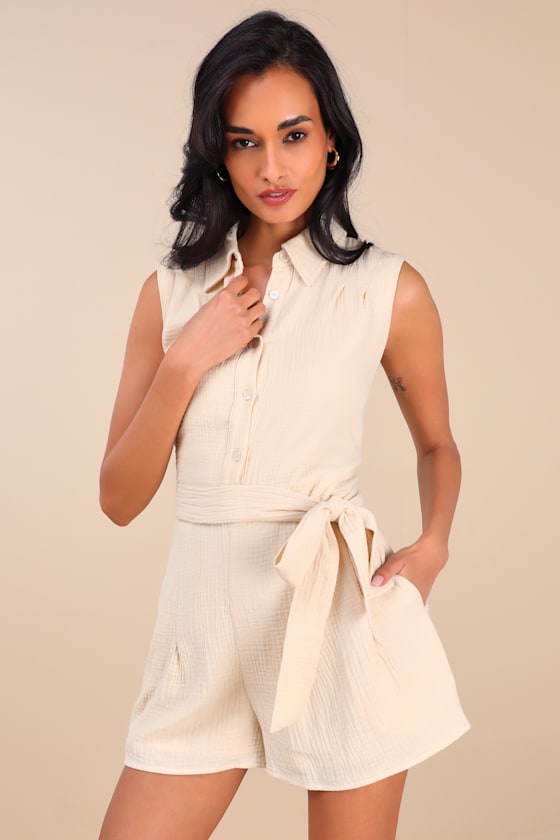 Lulus Corbett Beige Gauzy Collared Belted Sleeveless Romper In Beige