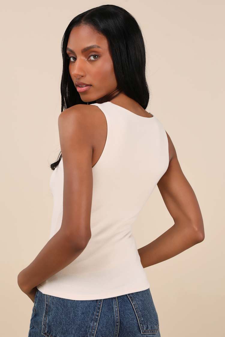 Kosta Light Beige Ruched Jersey Knit Tank Top