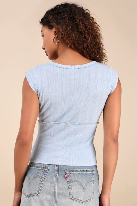 Lulus Evania Washed Light Blue Pointelle Knit Cap Sleeve Top In Light Blue