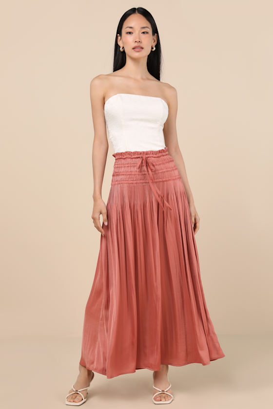 LULUS MAINA RUSTY ROSE PLISSE DRAWSTRING HIGH-RISE MAXI SKIRT
