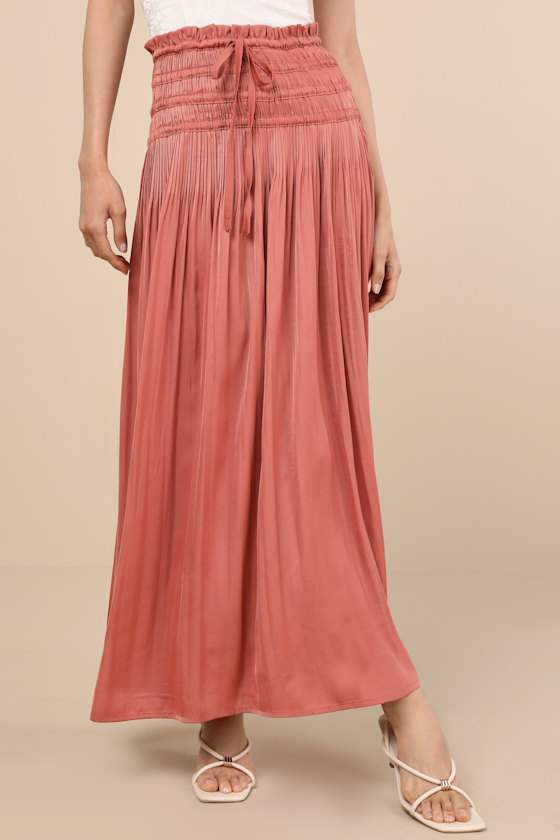 LULUS MAINA RUSTY ROSE PLISSE DRAWSTRING HIGH-RISE MAXI SKIRT