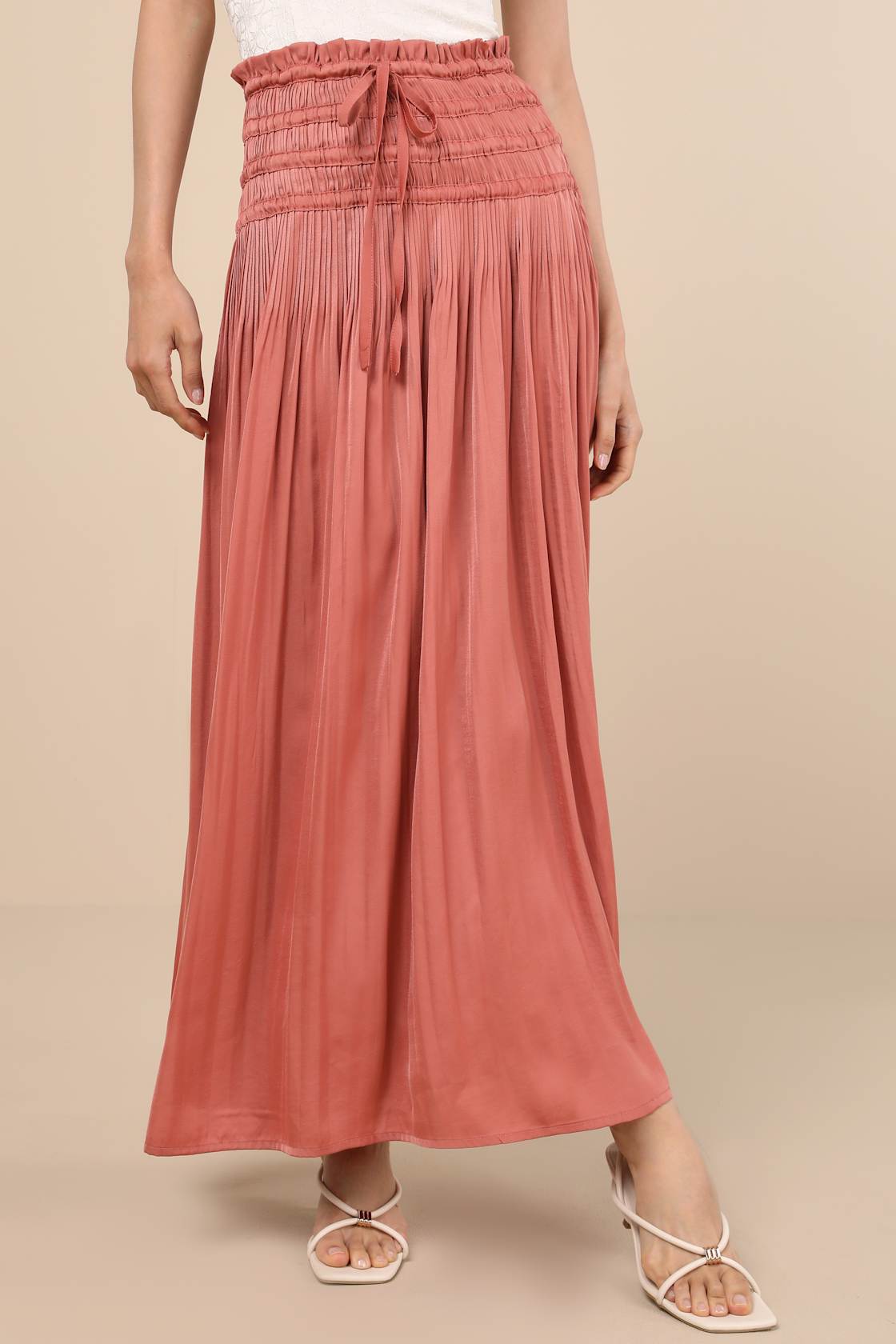 Maina Rusty Rose Plisse Drawstring High-Rise Maxi Skirt