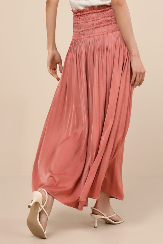 LULUS MAINA RUSTY ROSE PLISSE DRAWSTRING HIGH-RISE MAXI SKIRT