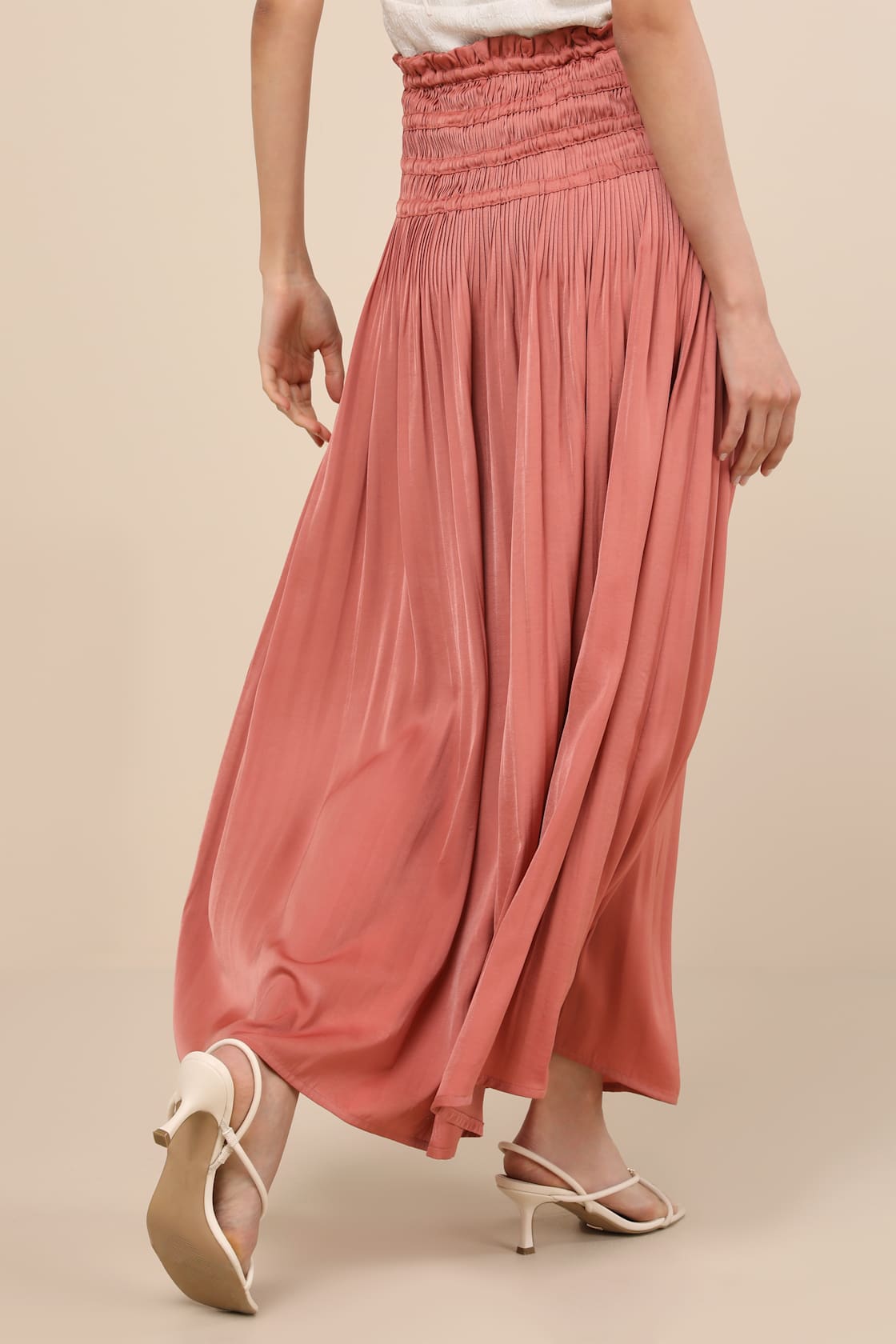 Maina Rusty Rose Plisse Drawstring High-Rise Maxi Skirt