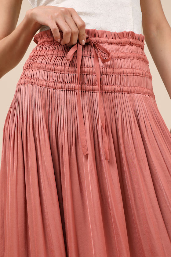 LULUS MAINA RUSTY ROSE PLISSE DRAWSTRING HIGH-RISE MAXI SKIRT