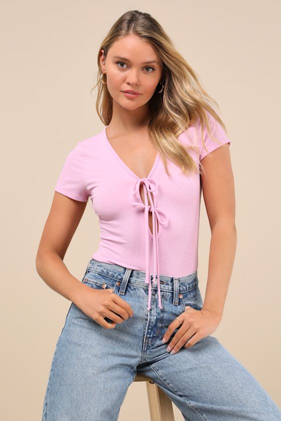 Lulus Lovely Ties Pink Ribbed Knit Tie-front Short Sleeve Bodysuit In Pink