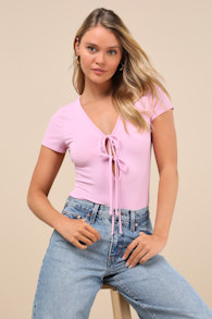 Lovely Ties Pink Ribbed Knit Tie-Front Short Sleeve Bodysuit 2