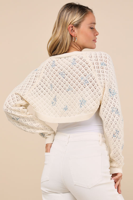 Lulus Lyrica Ivory Floral Pointelle Open-front Shrug Sweater In Ivory