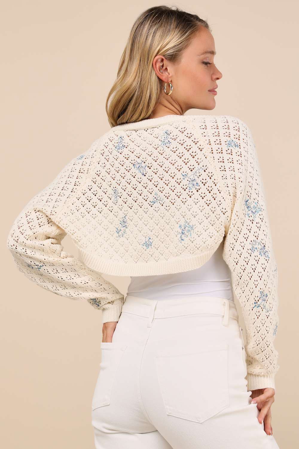 Lyrica Ivory Floral Pointelle Open-Front Shrug Sweater