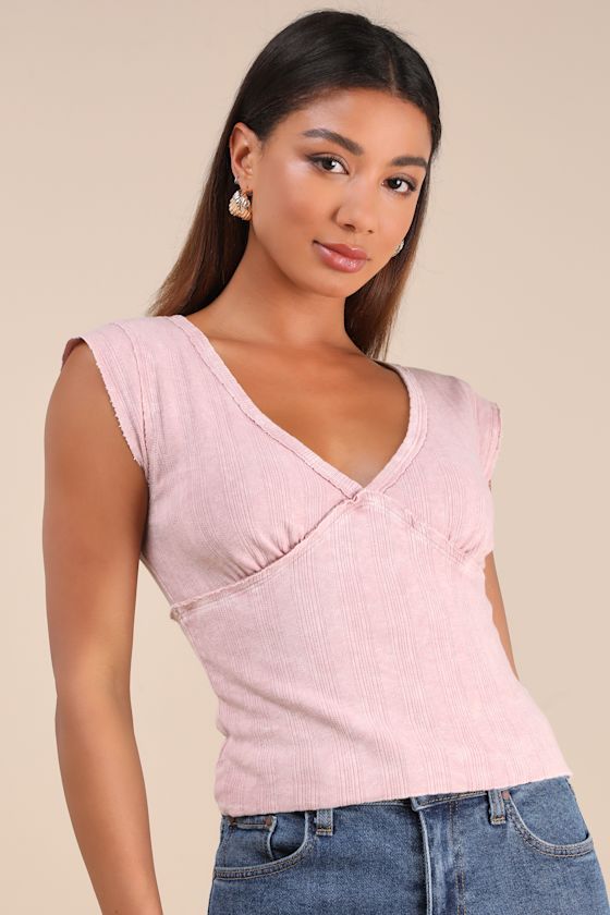 Evania Washed Dusty Rose Pointelle Knit Cap Sleeve Top 1