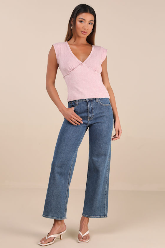 Shop Lulus Evania Washed Dusty Rose Pointelle Knit Cap Sleeve Top