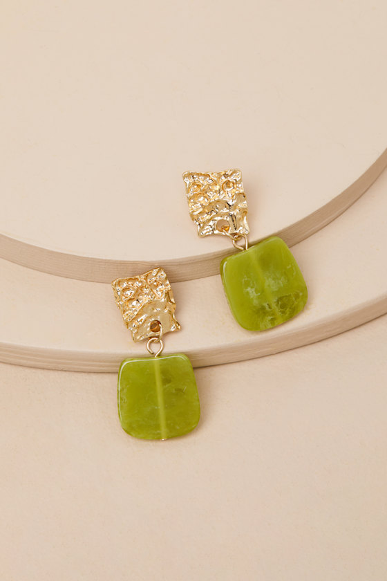 Justus Gold and Green Hammered Stone Square Drop Earrings - thumbnail 3