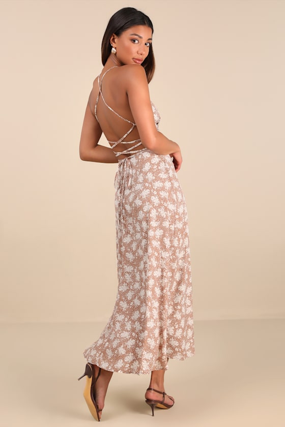 Picturesque Moments Brown Floral Print Strappy Maxi Dress