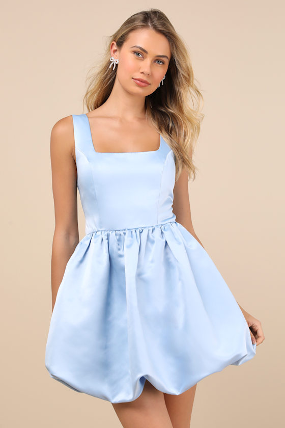 Lulus Regal Cutie Light Blue Satin Square Neck Bubble-hem Mini Dress In Light Blue