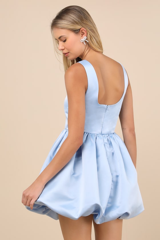 Lulus Regal Cutie Light Blue Satin Square Neck Bubble-hem Mini Dress In Light Blue