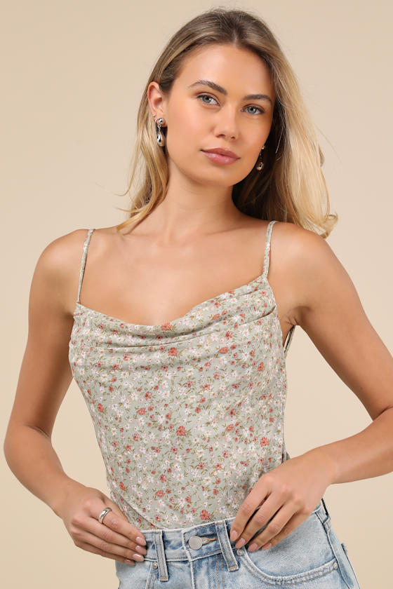 Lulus Colissa Sage Green Floral Mesh Cowl Backless Bodysuit