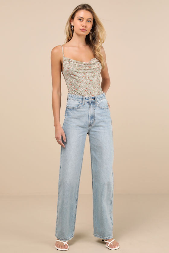 LULUS COLISSA SAGE GREEN FLORAL MESH COWL BACKLESS BODYSUIT