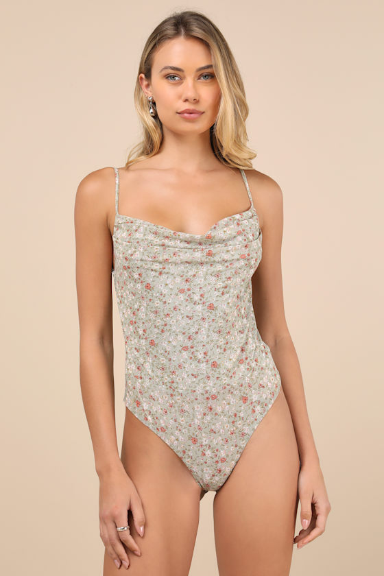 LULUS COLISSA SAGE GREEN FLORAL MESH COWL BACKLESS BODYSUIT