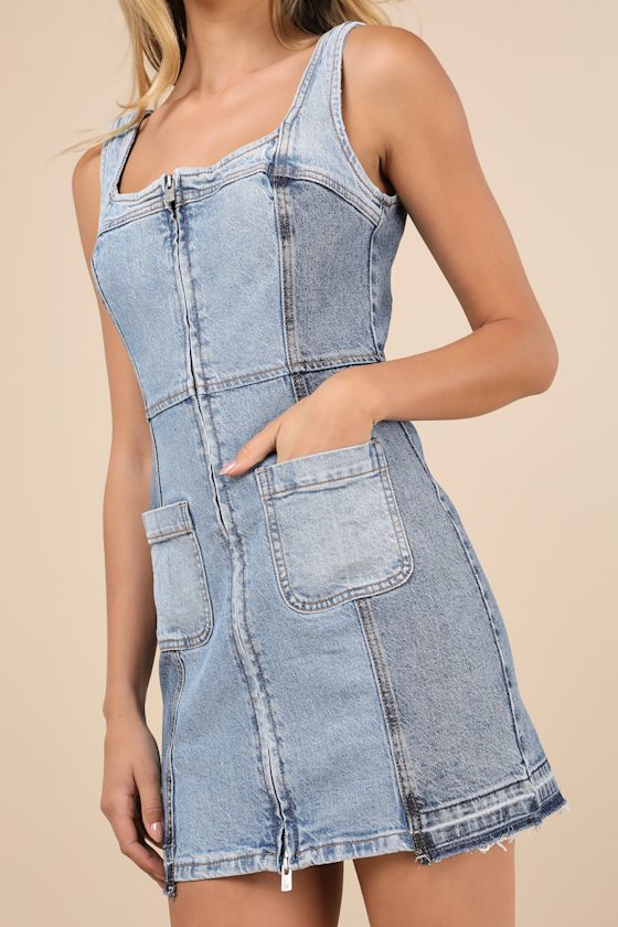 Roxy Sami Light Wash Split Denim Sleeveless Mini Dress In Blue
