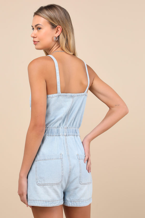 Roxy Naia Romper - Light Wash Denim Romper - Button-Front Romper