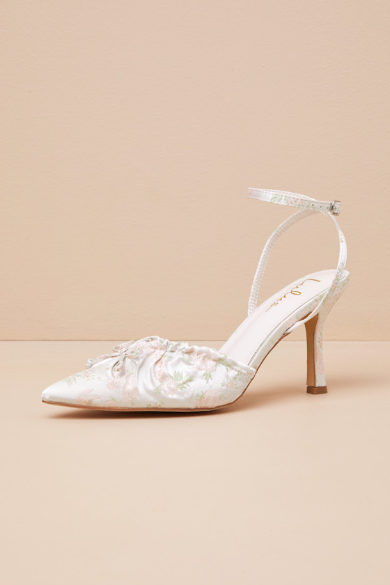 Lulus Issoria Gold Mix Floral Satin Bow Ankle Strap Pumps In Multi