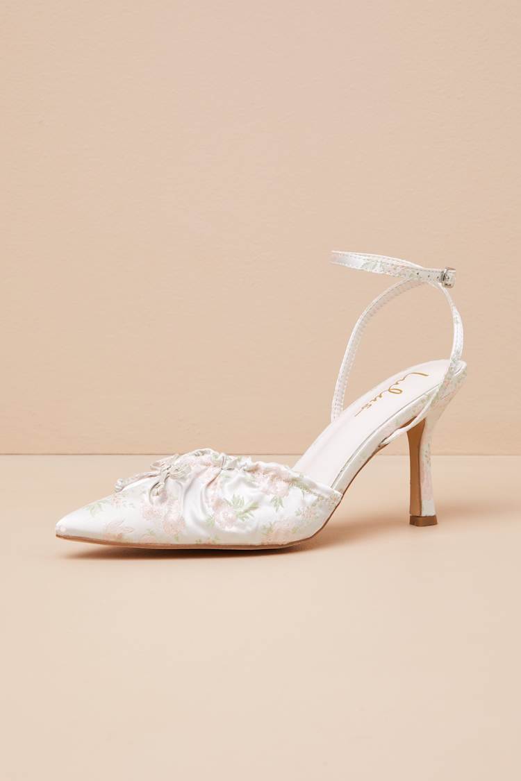 Issoria Gold Mix Floral Satin Bow Ankle Strap Pumps