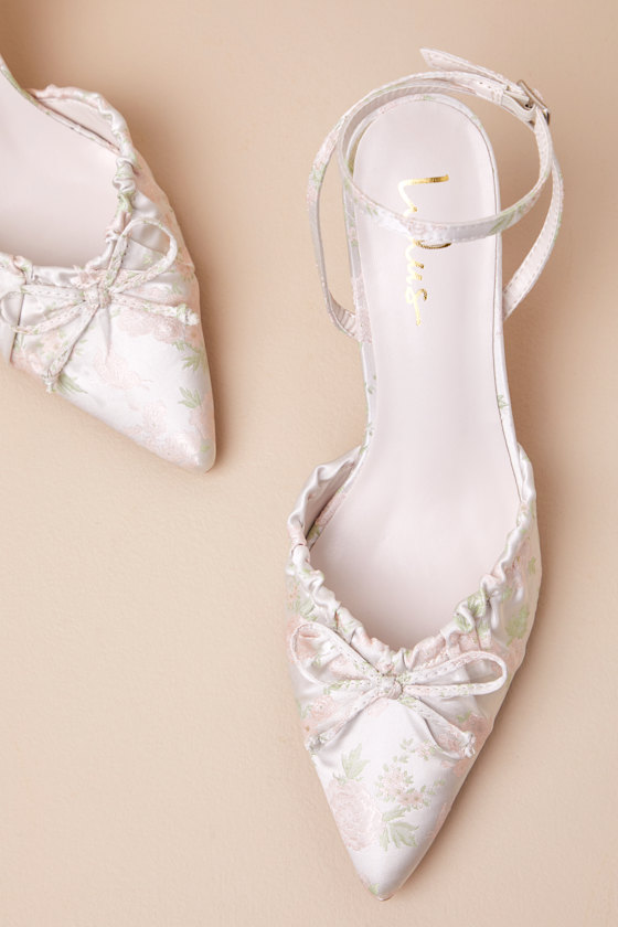 Lulus Issoria Gold Mix Floral Satin Bow Ankle Strap Pumps In Multi