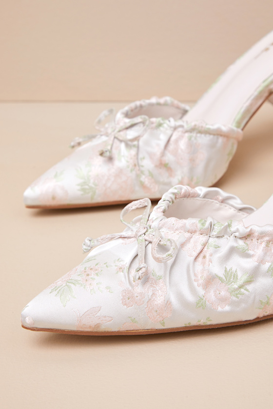 Lulus Issoria Gold Mix Floral Satin Bow Ankle Strap Pumps In Multi
